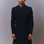 Navy Textured Indo-Western Sherwani with Red Pocket Square