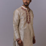 Beige Silk Kurta-Pajama with Maroon Embroidered Detailing