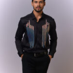 Black Designer Shirt with Multicolor Vertical Stripe Accents