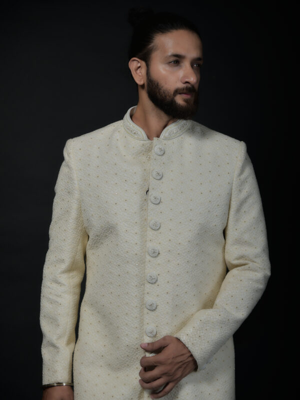 Ivory Textured Sherwani with Classic Button Detailing