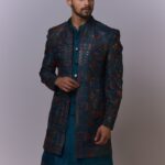 Teal Multicolor Mirror Work Sherwani