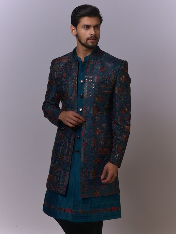 Teal Multicolor Mirror Work Sherwani