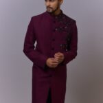 Plum Asymmetrical Embroidered Sherwani