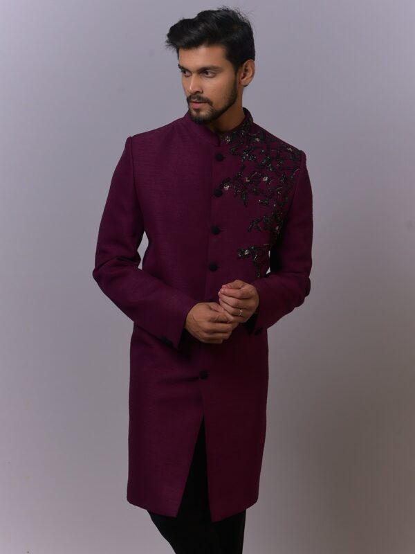 Plum Asymmetrical Embroidered Sherwani