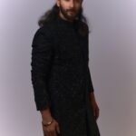 Textured Black Beaded Sherwani