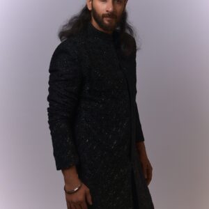 Textured Black Beaded Sherwani