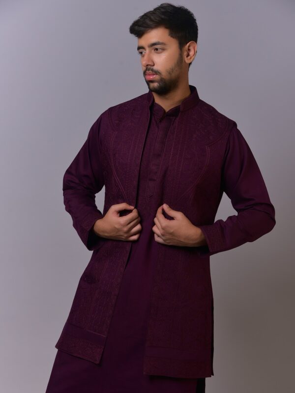 Aubergine Self-Textured Kurta Jacket Set