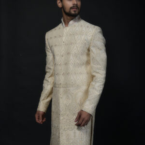 Champagne Royal Embroidered Sherwani with Detailed Buttonwork