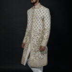 Ivory and Gold Floral Embroidered Sherwani with Elegant Detailing