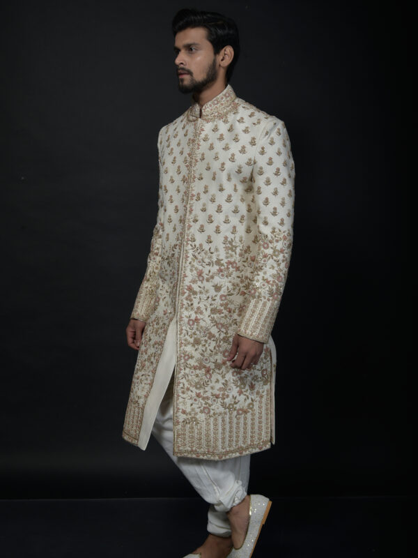 Ivory and Gold Floral Embroidered Sherwani with Elegant Detailing