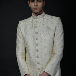 Ivory Regal Embroidered Sherwani with Classic Button Detailing