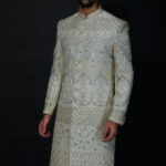 Ivory Crystal Embellished Sherwani with Intricate Floral Embroidery