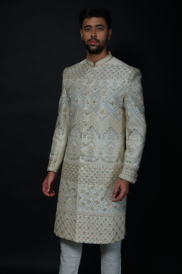 Ivory Crystal Embellished Sherwani with Intricate Floral Embroidery