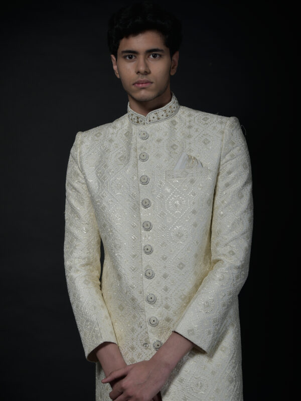 Ivory Regal Embroidered Sherwani with Classic Button Detailing