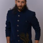 Midnight Blue Hawk Embroidered Bandh Gala