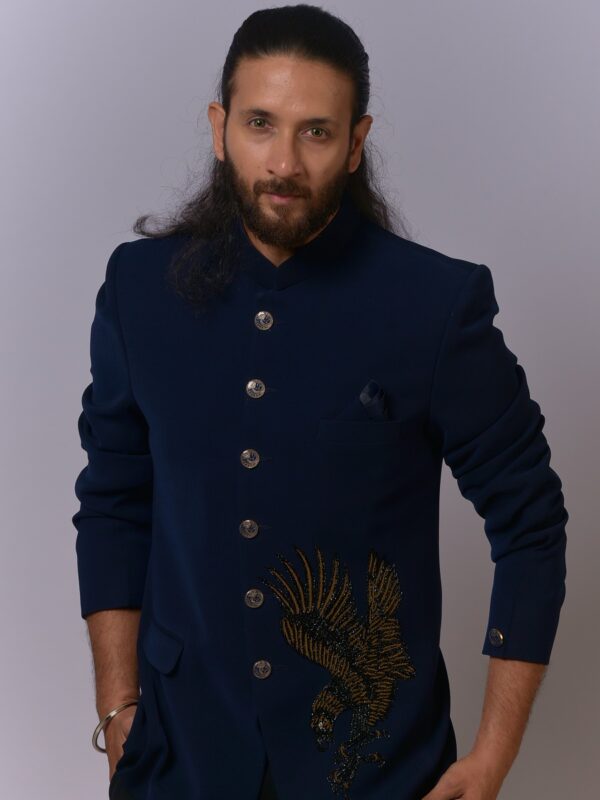 Midnight Blue Hawk Embroidered Bandh Gala