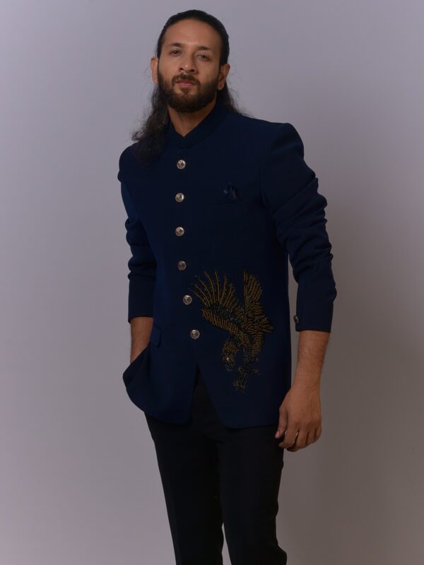 Midnight Blue Hawk Embroidered Bandh Gala - Image 4