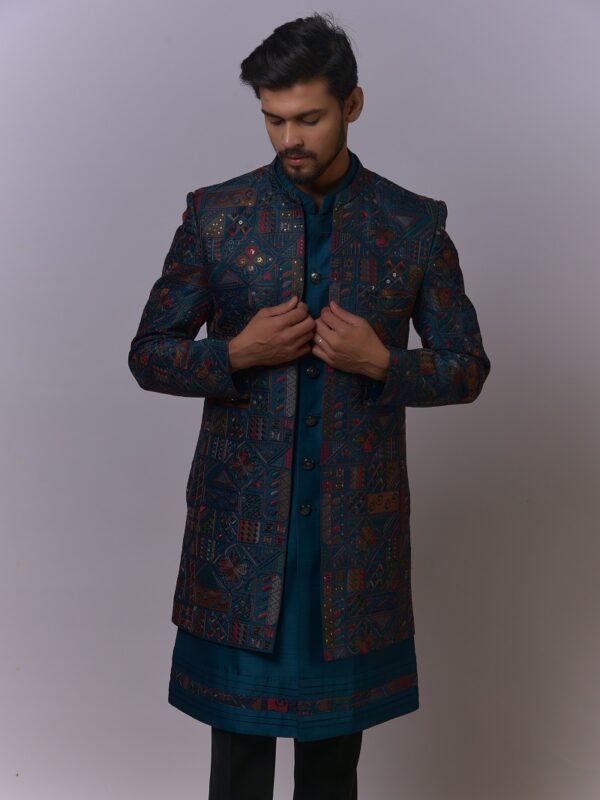 Teal Multicolor Mirror Work Sherwani - Image 4