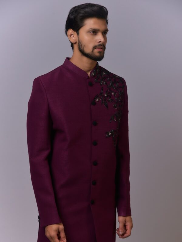 Plum Asymmetrical Embroidered Sherwani - Image 4
