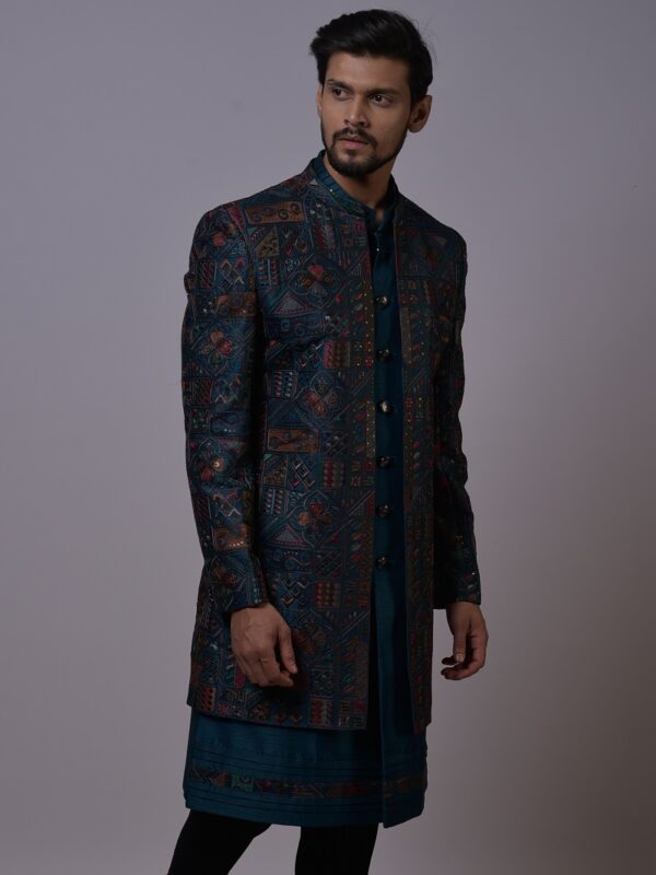 Teal Multicolor Mirror Work Sherwani - Image 2