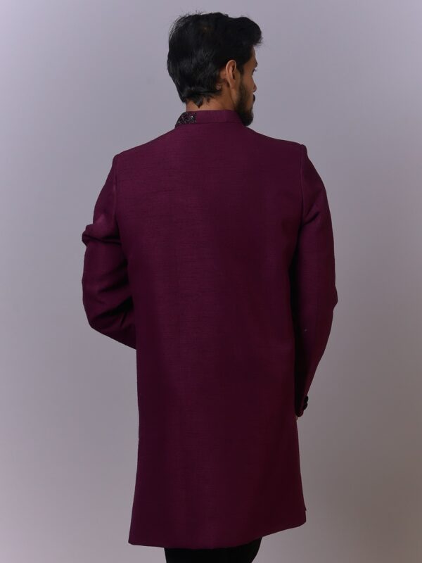 Plum Asymmetrical Embroidered Sherwani - Image 2