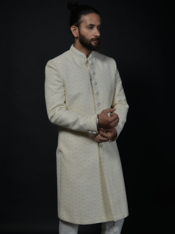 Ivory Textured Sherwani with Classic Button Detailing - Image 2