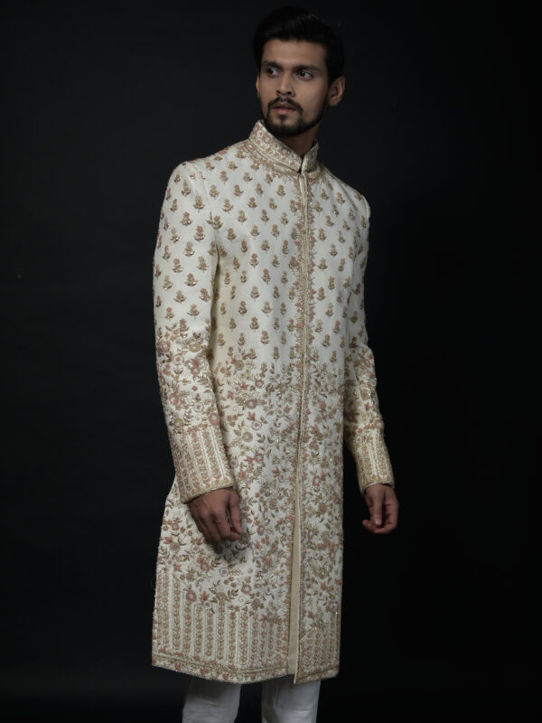 Ivory and Gold Floral Embroidered Sherwani with Elegant Detailing - Image 3