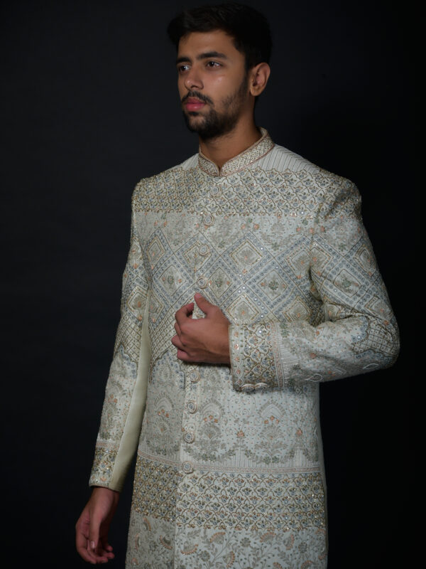 Ivory Crystal Embellished Sherwani with Intricate Floral Embroidery - Image 2