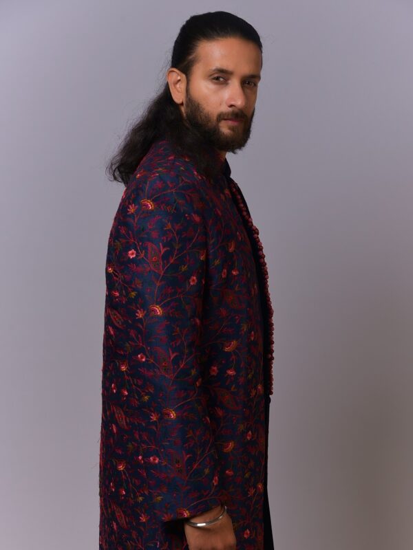 Navy Red Garden Embroidered Sherwani - Image 4