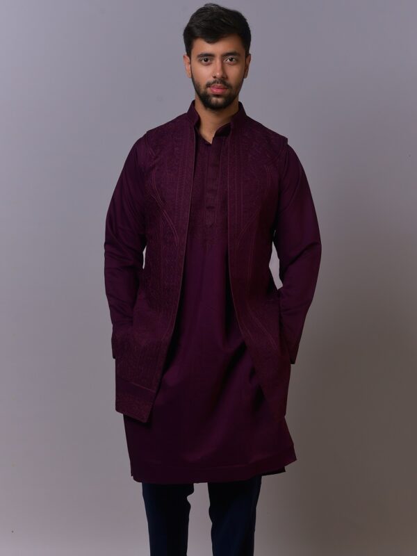 Aubergine Self-Textured Kurta Jacket Set - Image 4