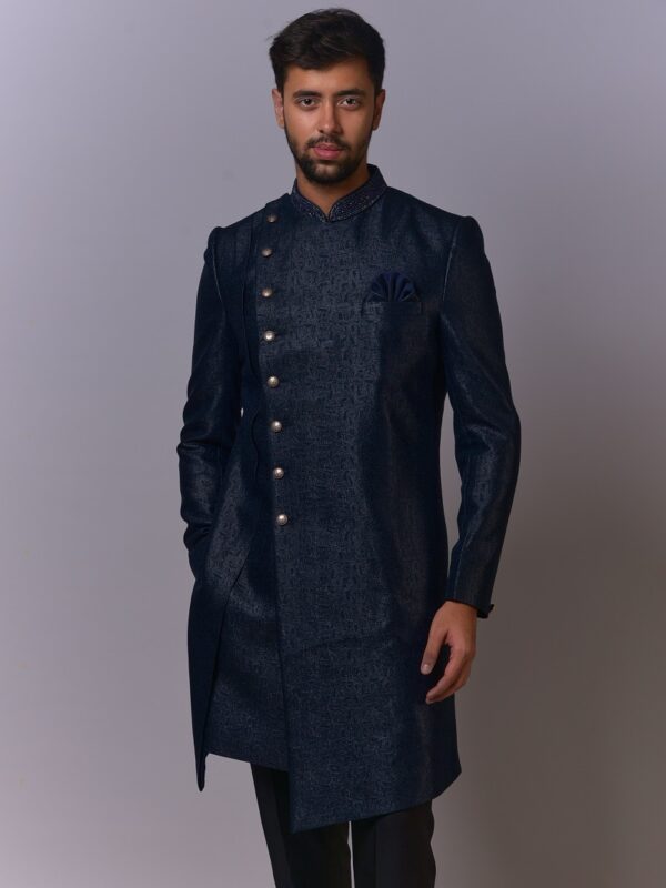 Asymmetrical Charcoal Panelled Sherwani - Image 4