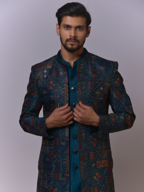 Teal Multicolor Mirror Work Sherwani - Image 3