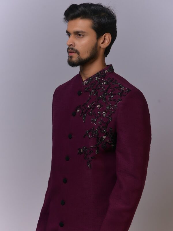 Plum Asymmetrical Embroidered Sherwani - Image 3