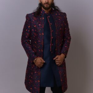 Navy Red Garden Embroidered Sherwani
