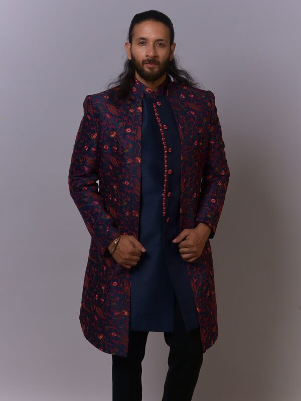 Navy Red Garden Embroidered Sherwani