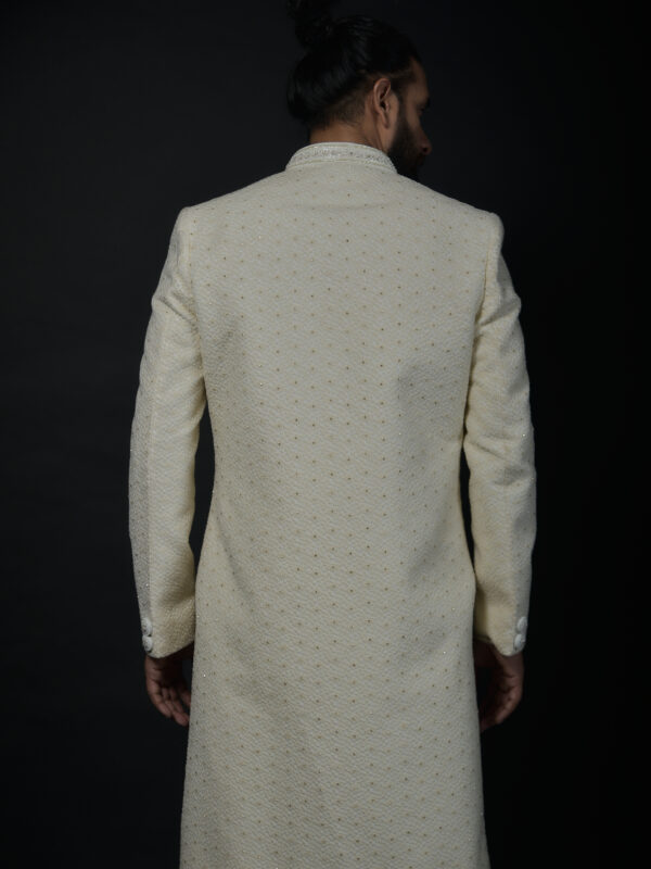 Ivory Textured Sherwani with Classic Button Detailing - Image 3