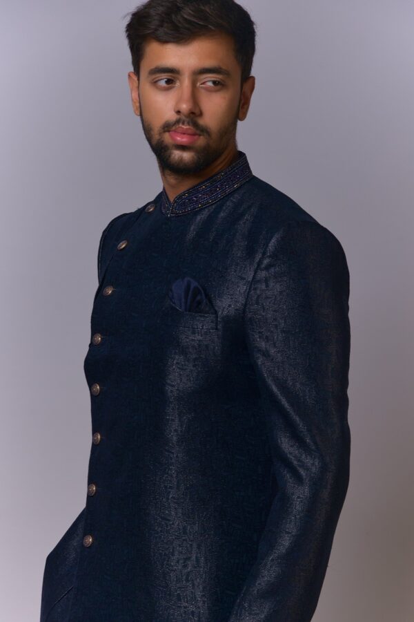Asymmetrical Charcoal Panelled Sherwani - Image 3
