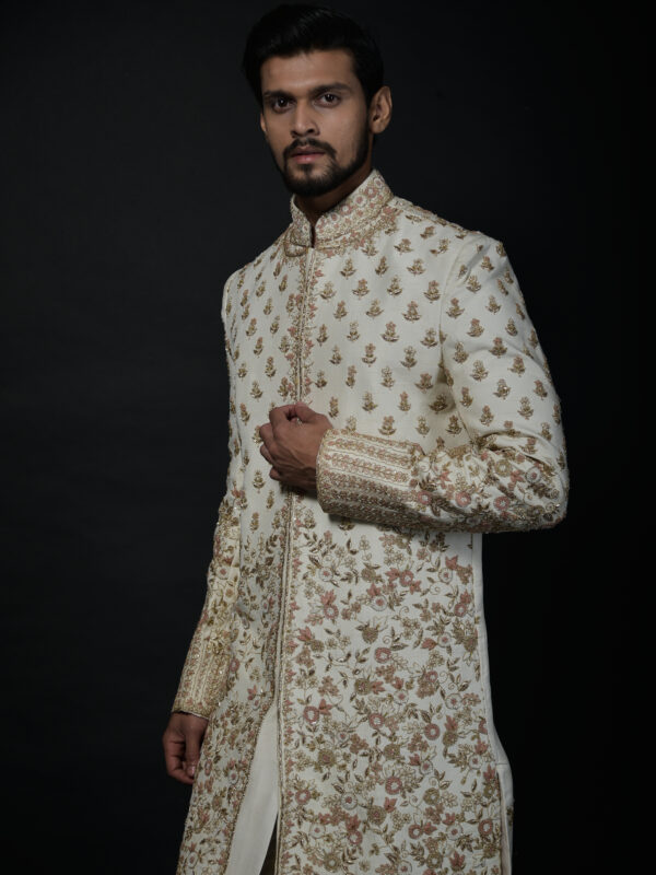 Ivory and Gold Floral Embroidered Sherwani with Elegant Detailing - Image 2