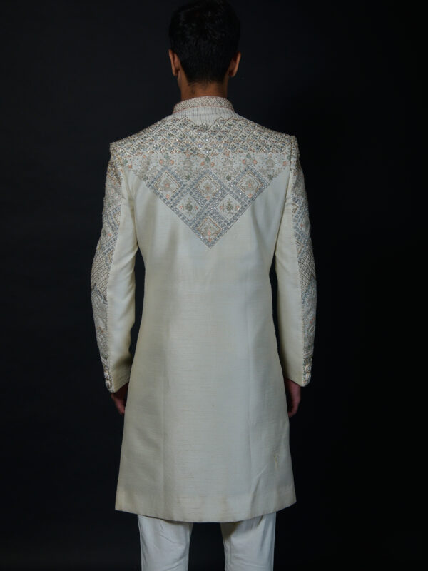 Ivory Crystal Embellished Sherwani with Intricate Floral Embroidery - Image 3