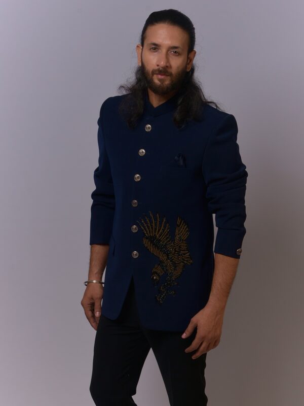 Midnight Blue Hawk Embroidered Bandh Gala - Image 3