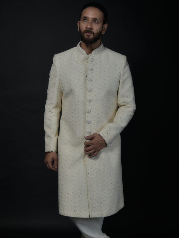 Ivory Textured Sherwani with Classic Button Detailing - Image 4