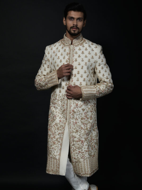 Ivory and Gold Floral Embroidered Sherwani with Elegant Detailing - Image 4