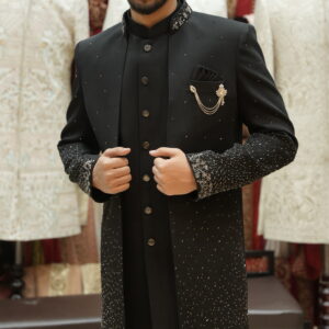 Classic Black Embellished Indo-Western Long Jacket Set with Statement Collar