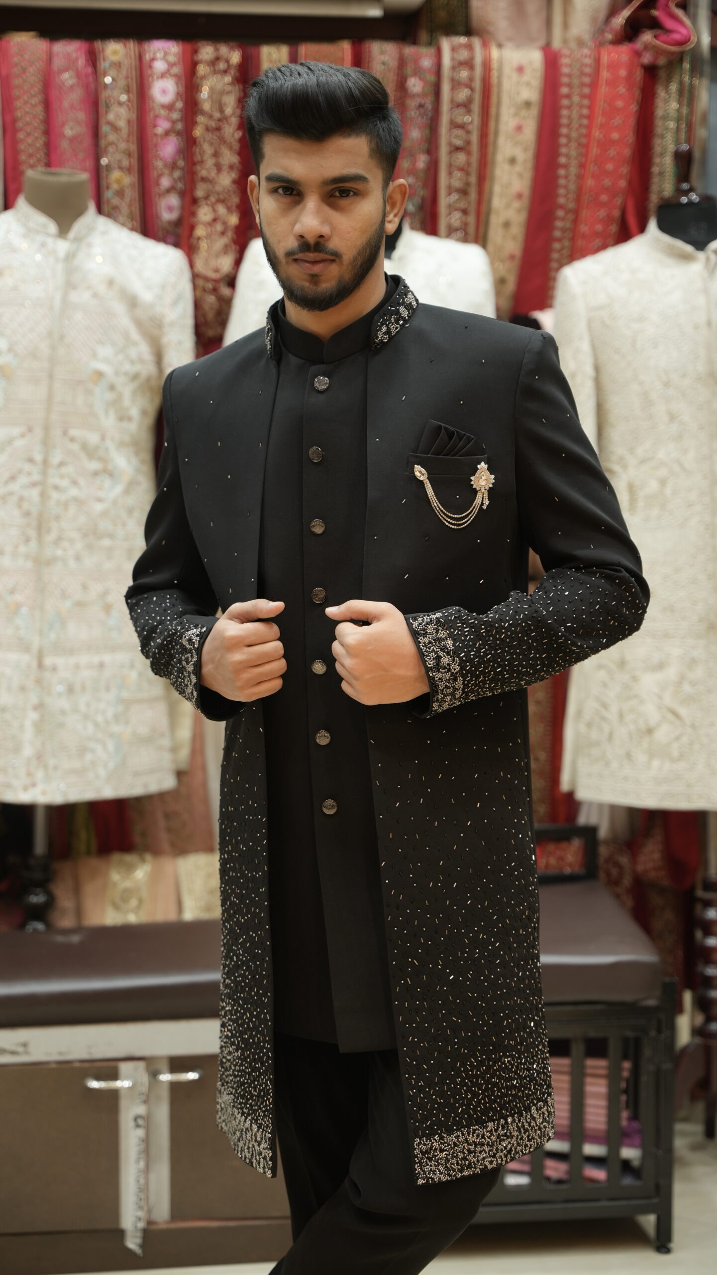 Classic Black Embellished Indo-Western Long Jacket Set with Statement Collar
