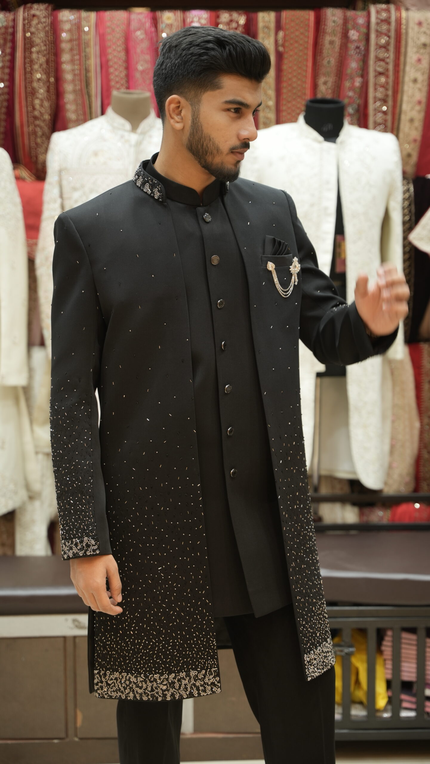 Classic Black Embellished Indo-Western Long Jacket Set with Statement Collar - Image 2