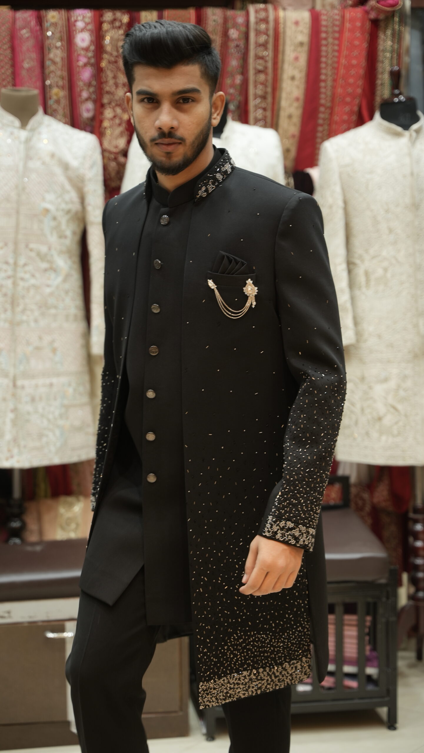 Classic Black Embellished Indo-Western Long Jacket Set with Statement Collar - Image 4