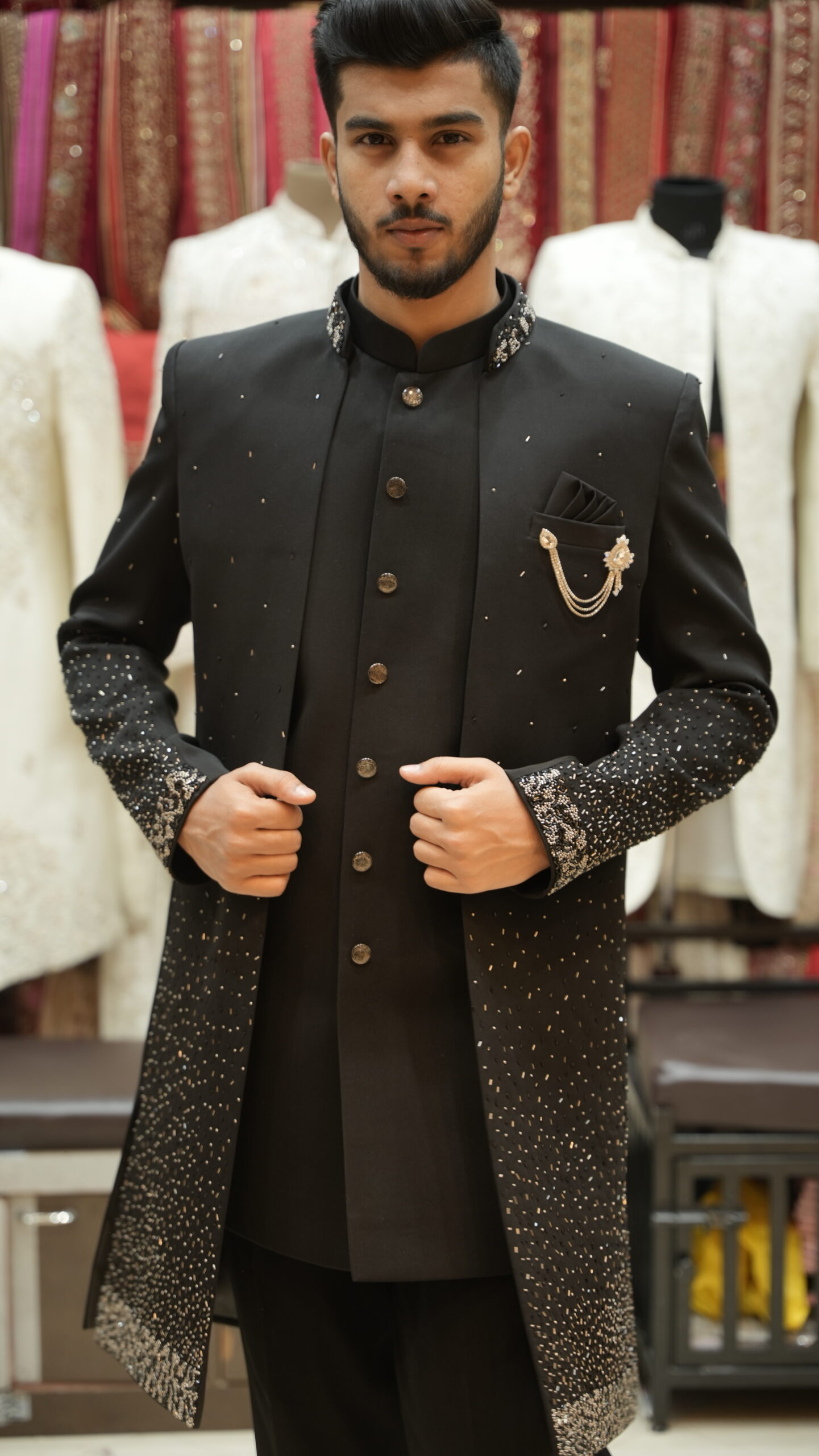 Classic Black Embellished Indo-Western Long Jacket Set with Statement Collar - Image 3