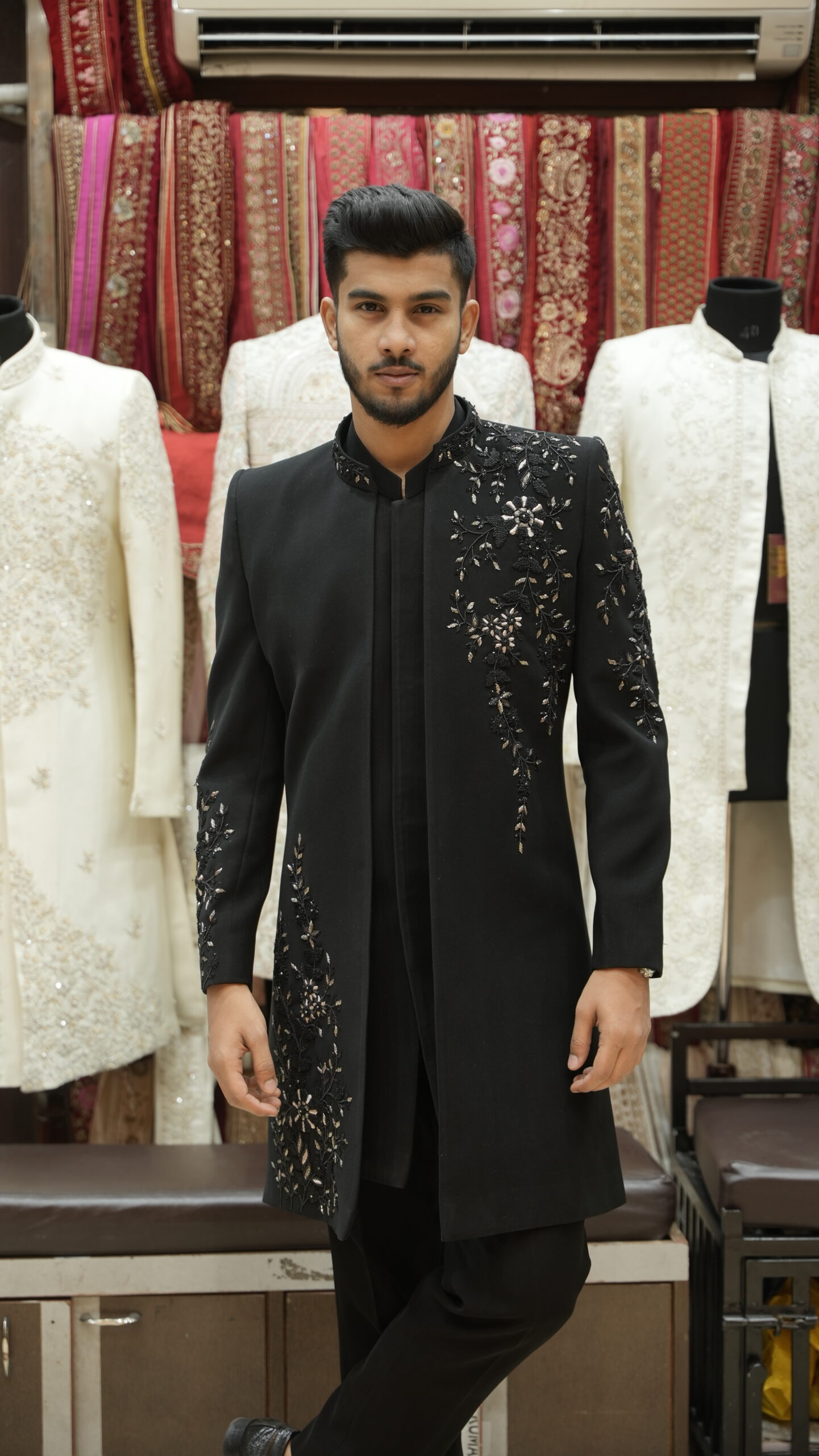 Black Asymmetrical Embroidered Indo-Western Long Jacket Set