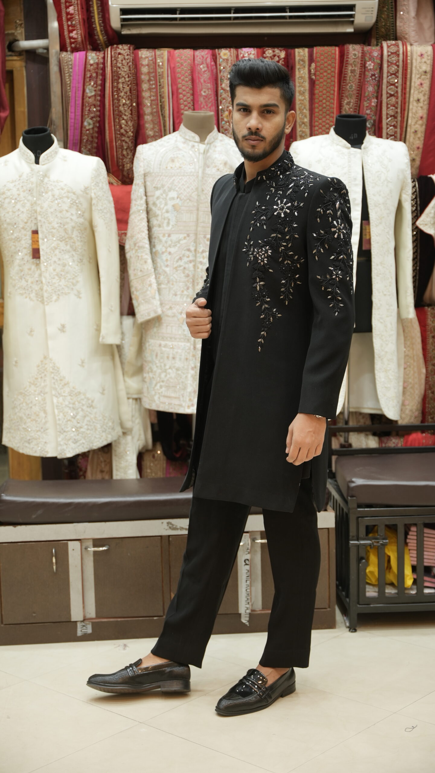 Black Asymmetrical Embroidered Indo-Western Long Jacket Set - Image 4