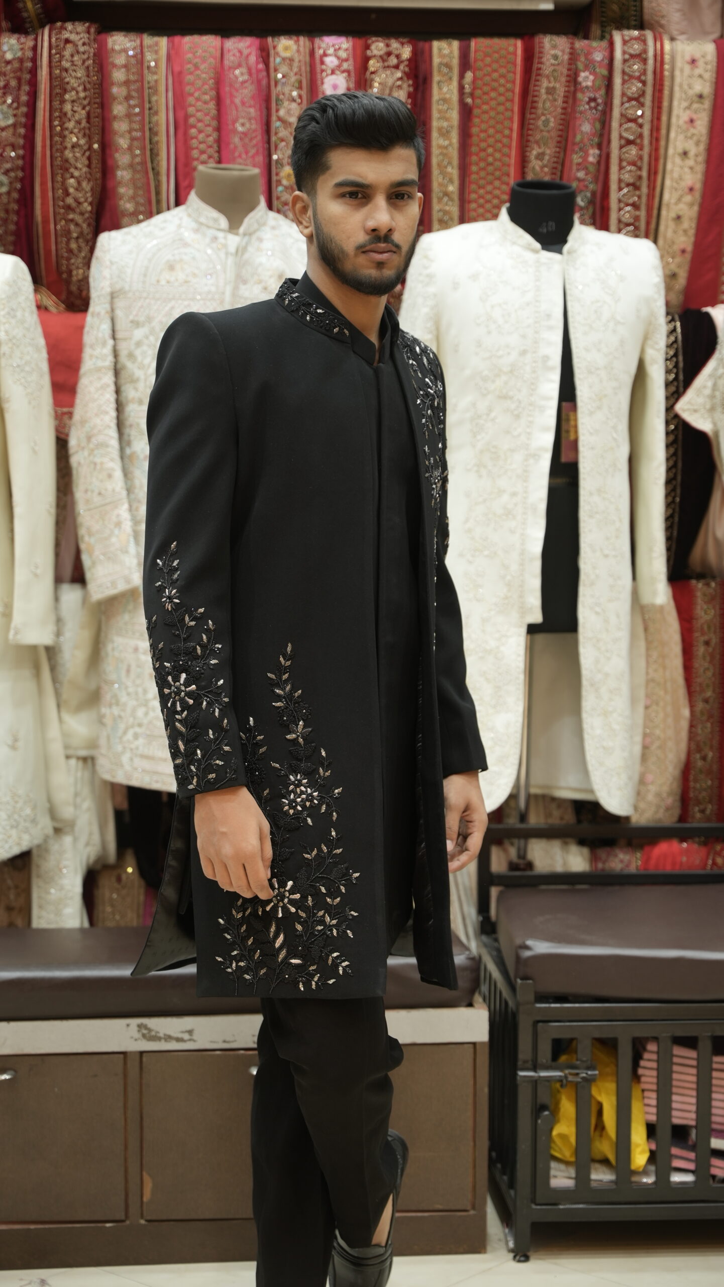 Black Asymmetrical Embroidered Indo-Western Long Jacket Set - Image 3
